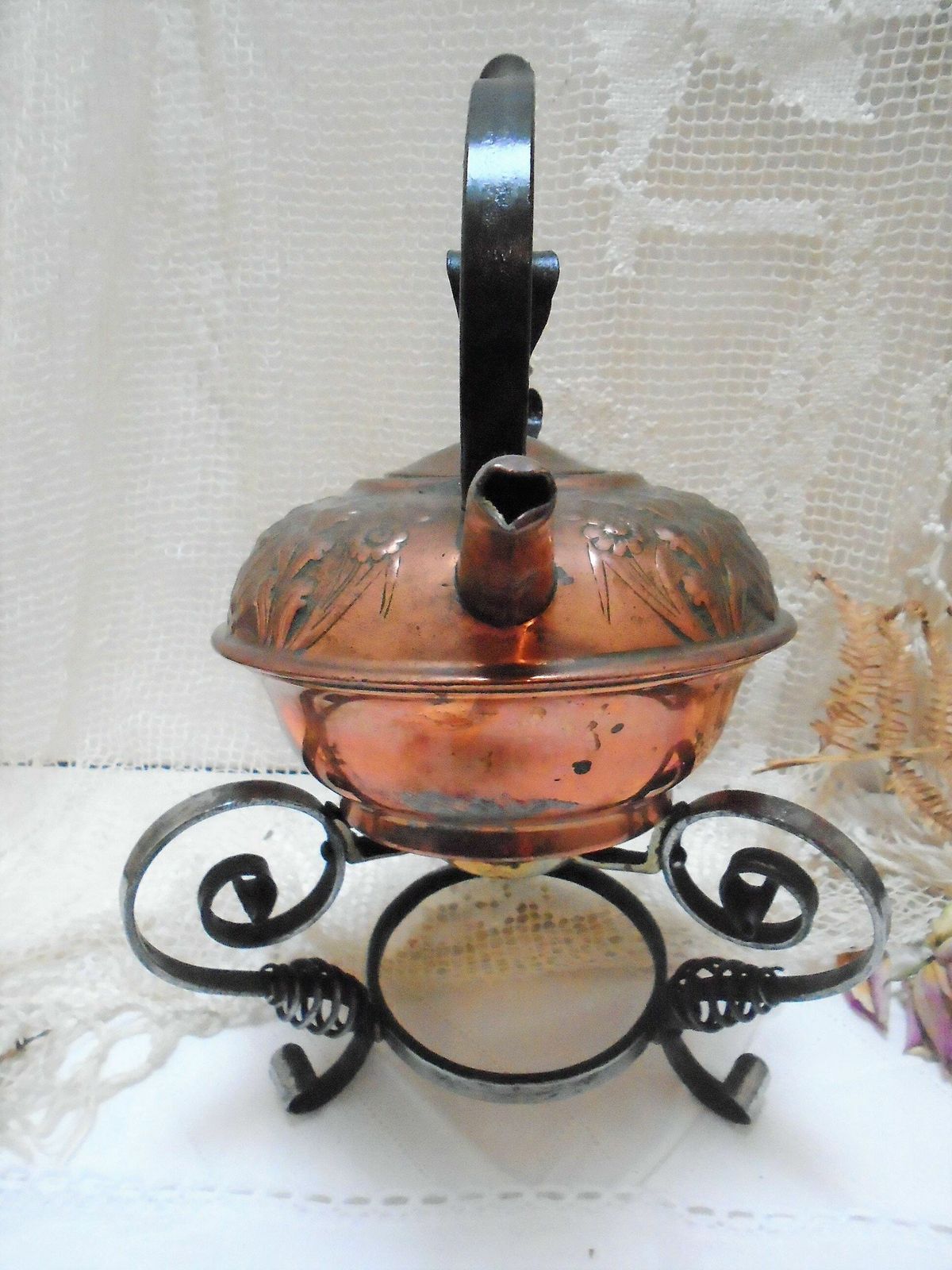 Vintage French Copper Teapot / Kettle On Black Wrought Iron Stand, Decorative Farmhouse Copper photo for sale