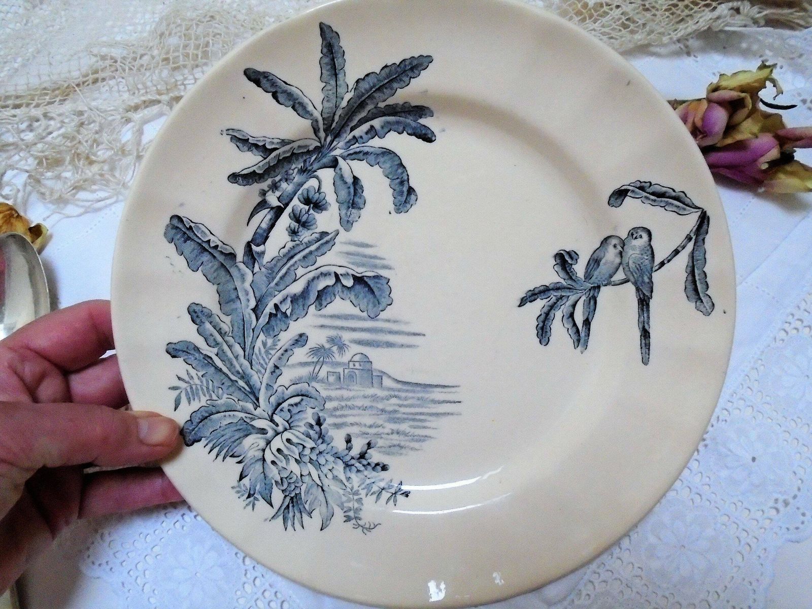 Rare Antique Cream French Ironstone Plate, Longchamp, 'Exotique', Banana Palms With Parrots, Blue Gray Transferware photo for sale