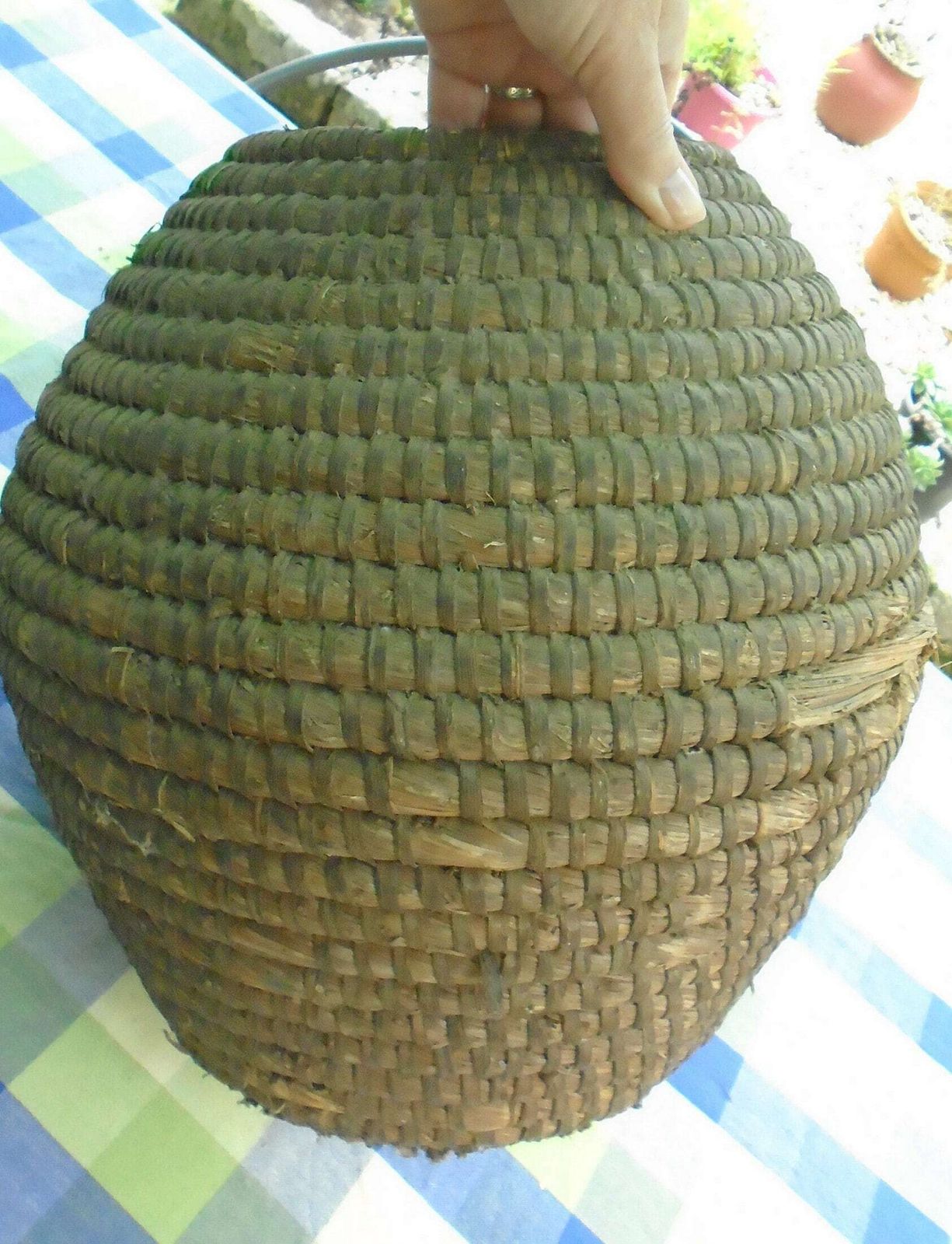 photo furniture Antique French Rye Coiled Basket, Large Bourgne Woven Rye Grass, Wicker Decor