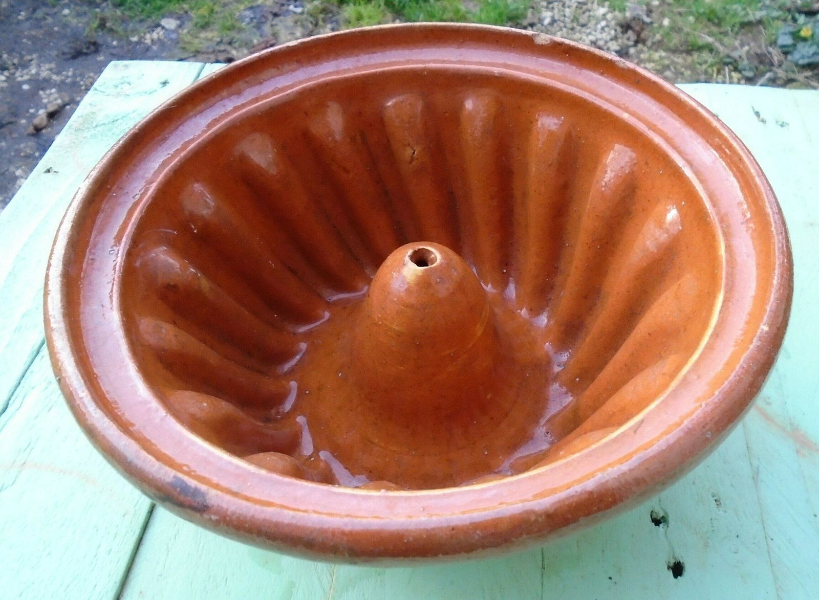 photo for sale Vintage French Primitive Terracotta Kouglof Mold / Brioche / Cake Mold / Bundt Pan Circa 1950
