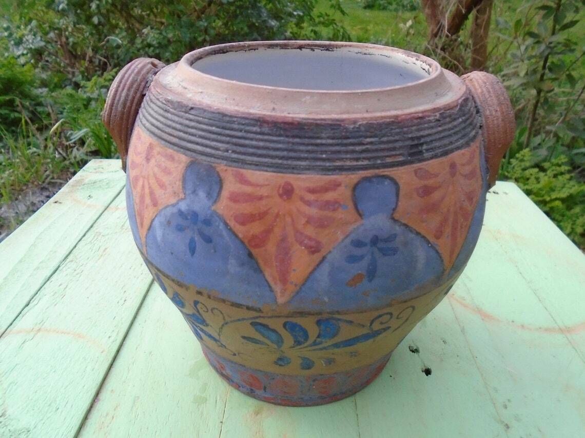 Rare Antique French Hand Painted Stone Jar, Rillettes Jar, Cooking Utensil Holder, Flower Pot, Rustic Farmhouse Jar photo furniture