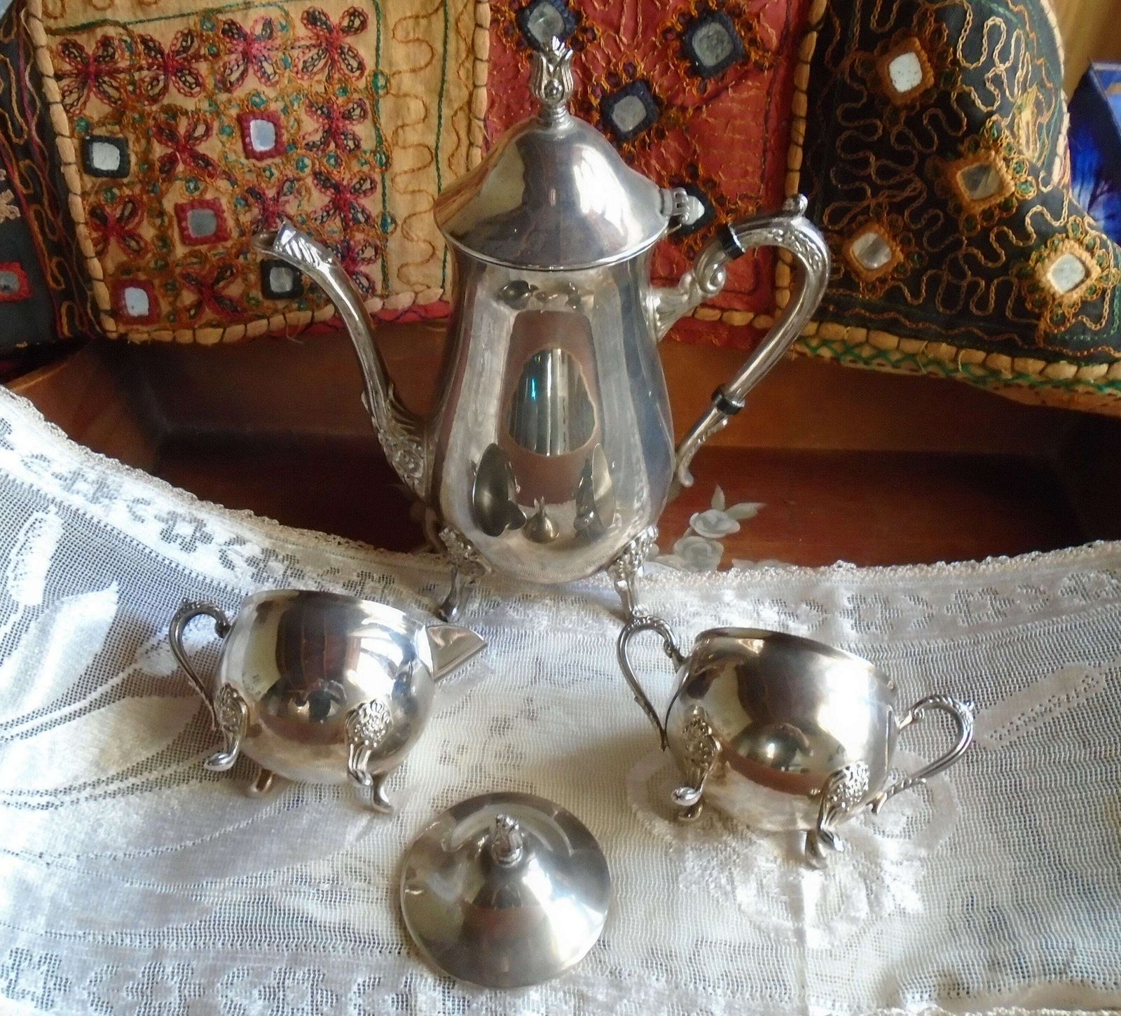 Antique French Silver Plated Art Nouveau Tea / Coffee Set, Tea/Coffee Pot, Sugar Basin And Milk Jug, 1920s