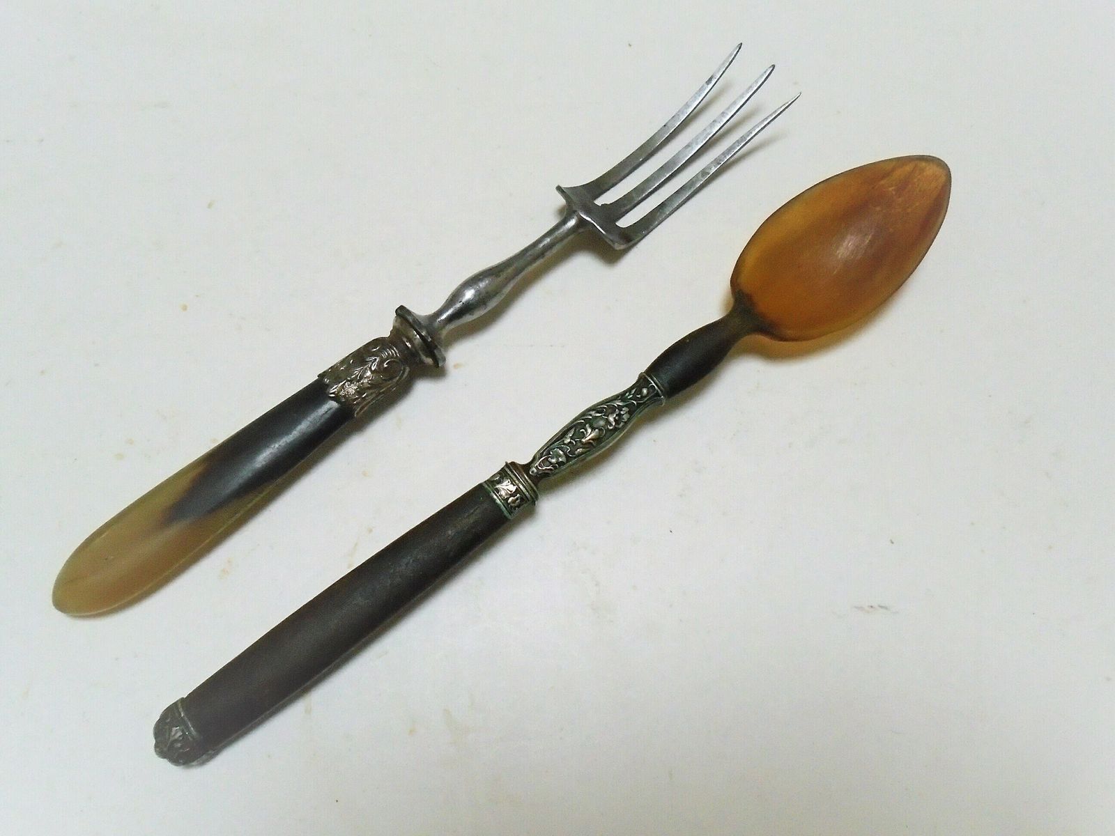 photo furniture Antique French Serving Spoon And Fork, C.1920s, Salad Servers, Rococo Polished Horn And Silver Plated Metal, Serving Fork And Spoon