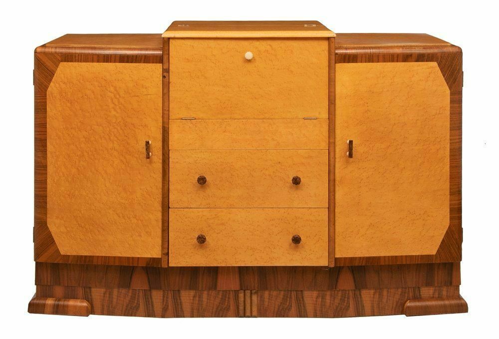 Art Deco Fall Front Cocktail Cabinet In Birdseye Maple By British Emanuel Furniture C.1930