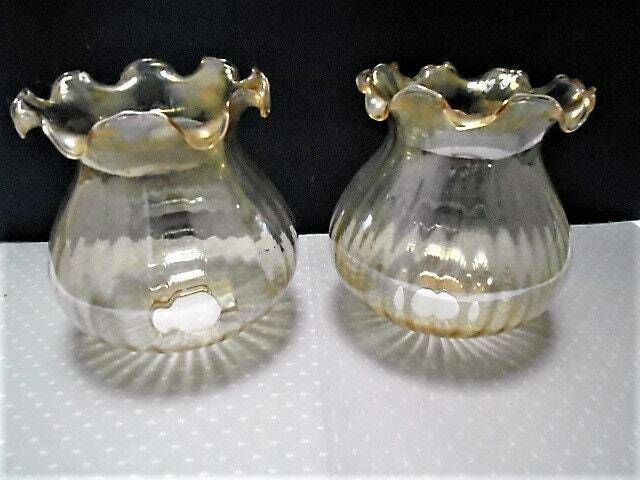 2 Vintage French Pale Gold Ribbed Glass Lamp Shades, Globe Glass Shades With Frilly Top Rim