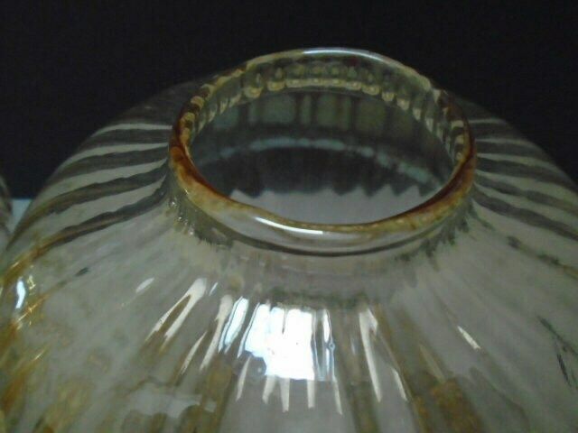 2 Vintage French Pale Gold Ribbed Glass Lamp Shades, Globe Glass Shades With Frilly Top Rim photo for sale