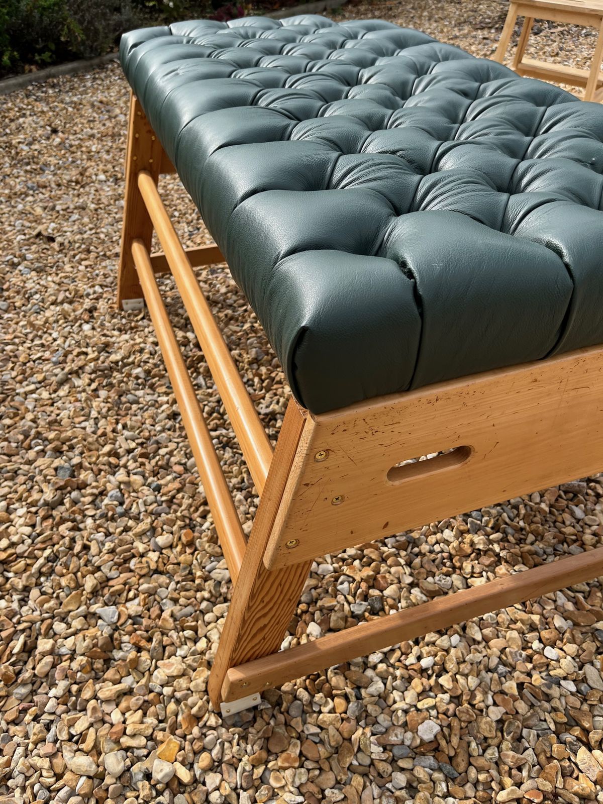 Vintage School Gym Bench Upholstered Green Leather Chesterfield Style W/Buttons photo buy