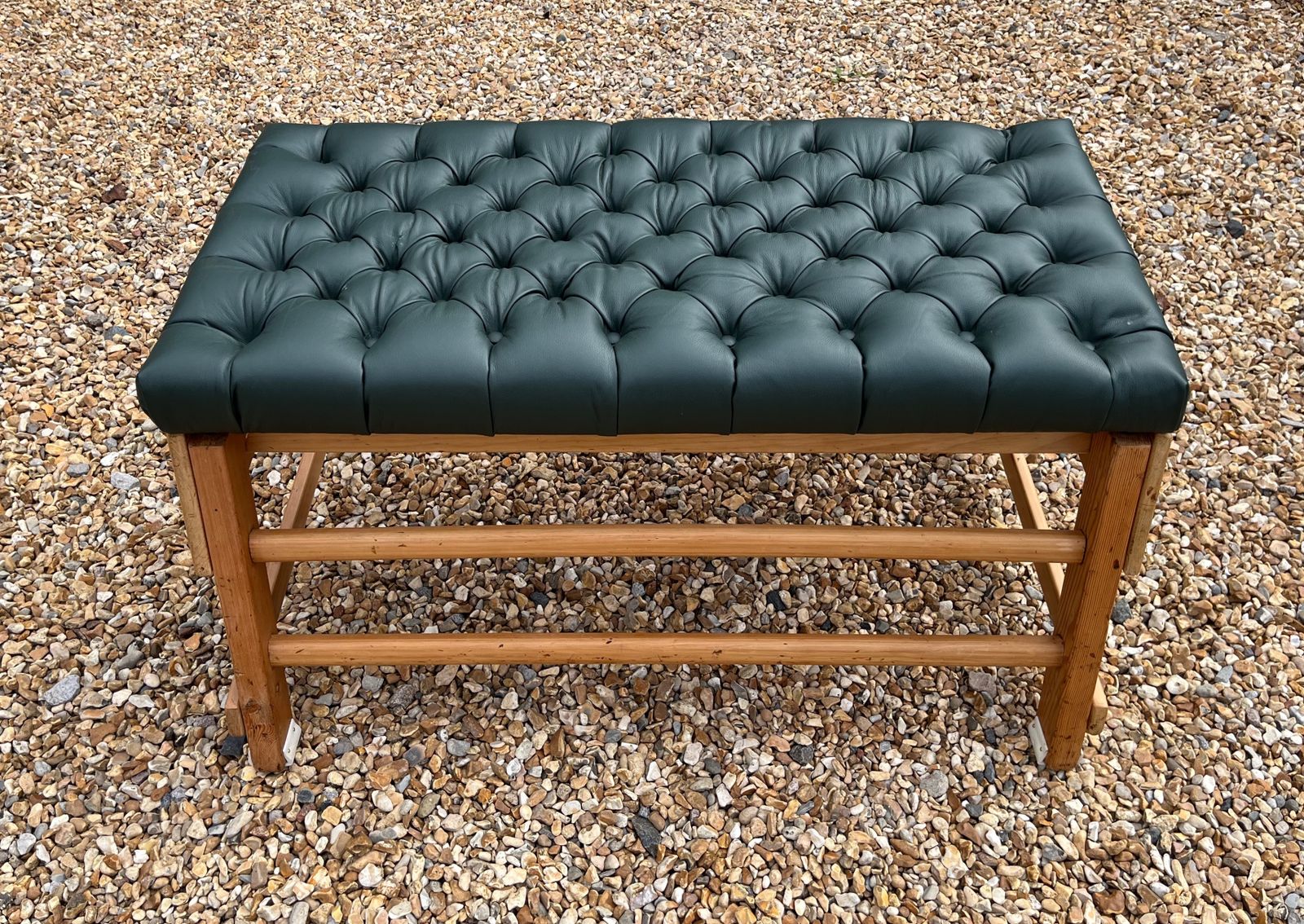 Vintage School Gym Bench Upholstered Green Leather Chesterfield Style W/Buttons