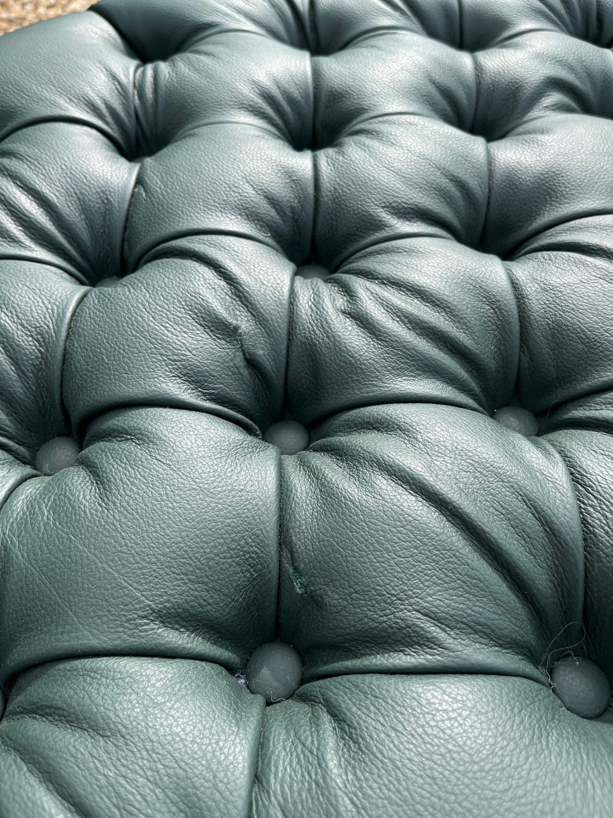 photo vinterior Vintage School Gym Bench Upholstered Green Leather Chesterfield Style W/Buttons