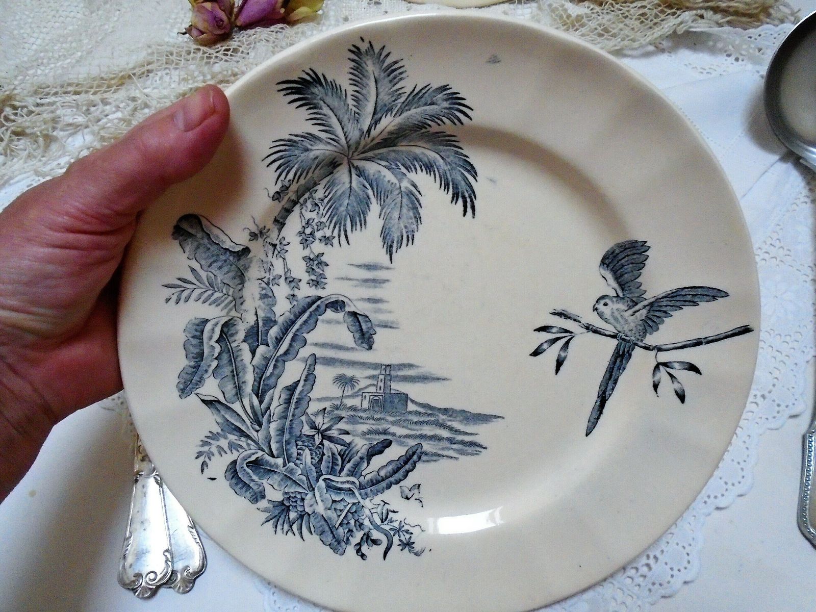 Rare Antique Cream French Ironstone Plate, Longchamp, 'Exotique', Banana Palms With Parrot, Blue Gray Transferware photo Home Decor
