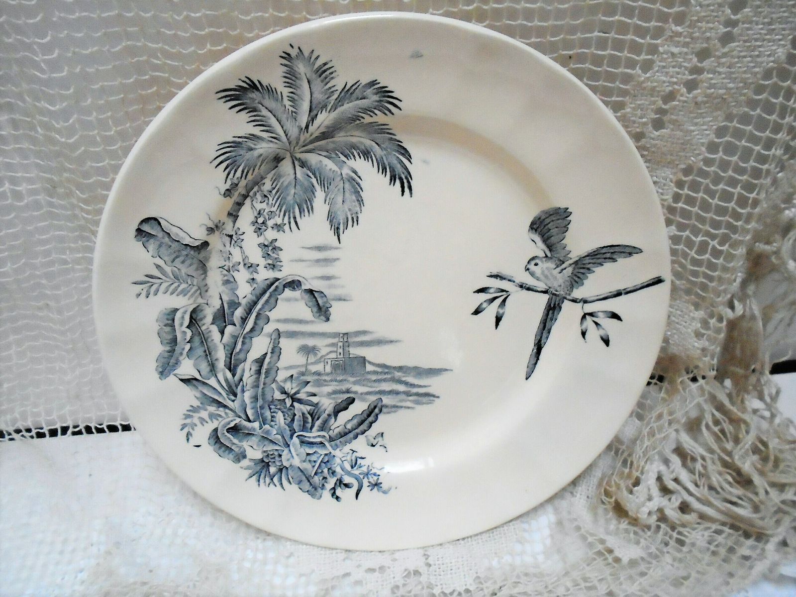 photo for sale Rare Antique Cream French Ironstone Plate, Longchamp, 'Exotique', Banana Palms With Parrot, Blue Gray Transferware