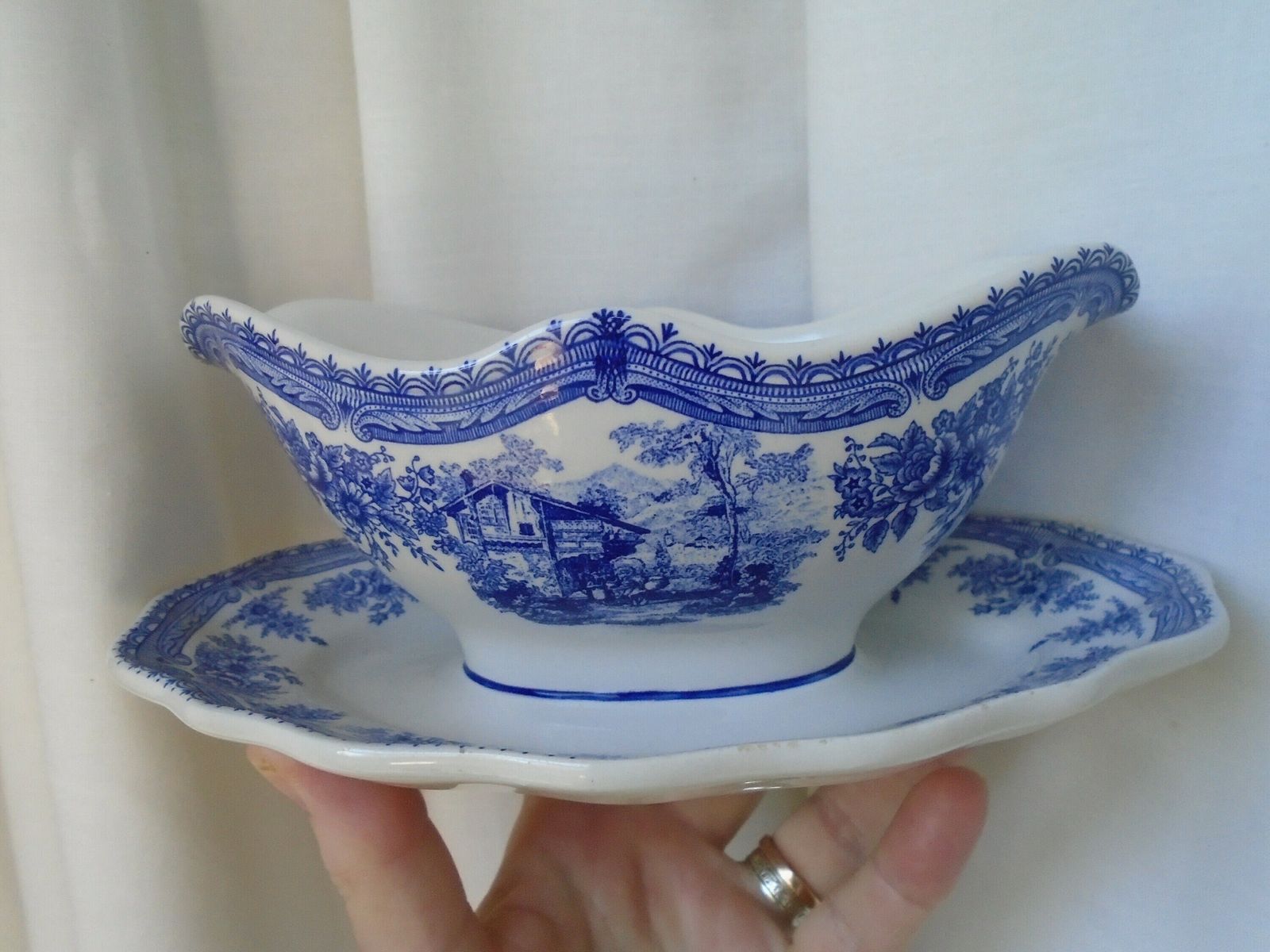 Beautiful Antique French Luneville Special Grand Feu, Sauciere / Sauce Boat, Blue And White, All In One, Porcelaine photo furniture