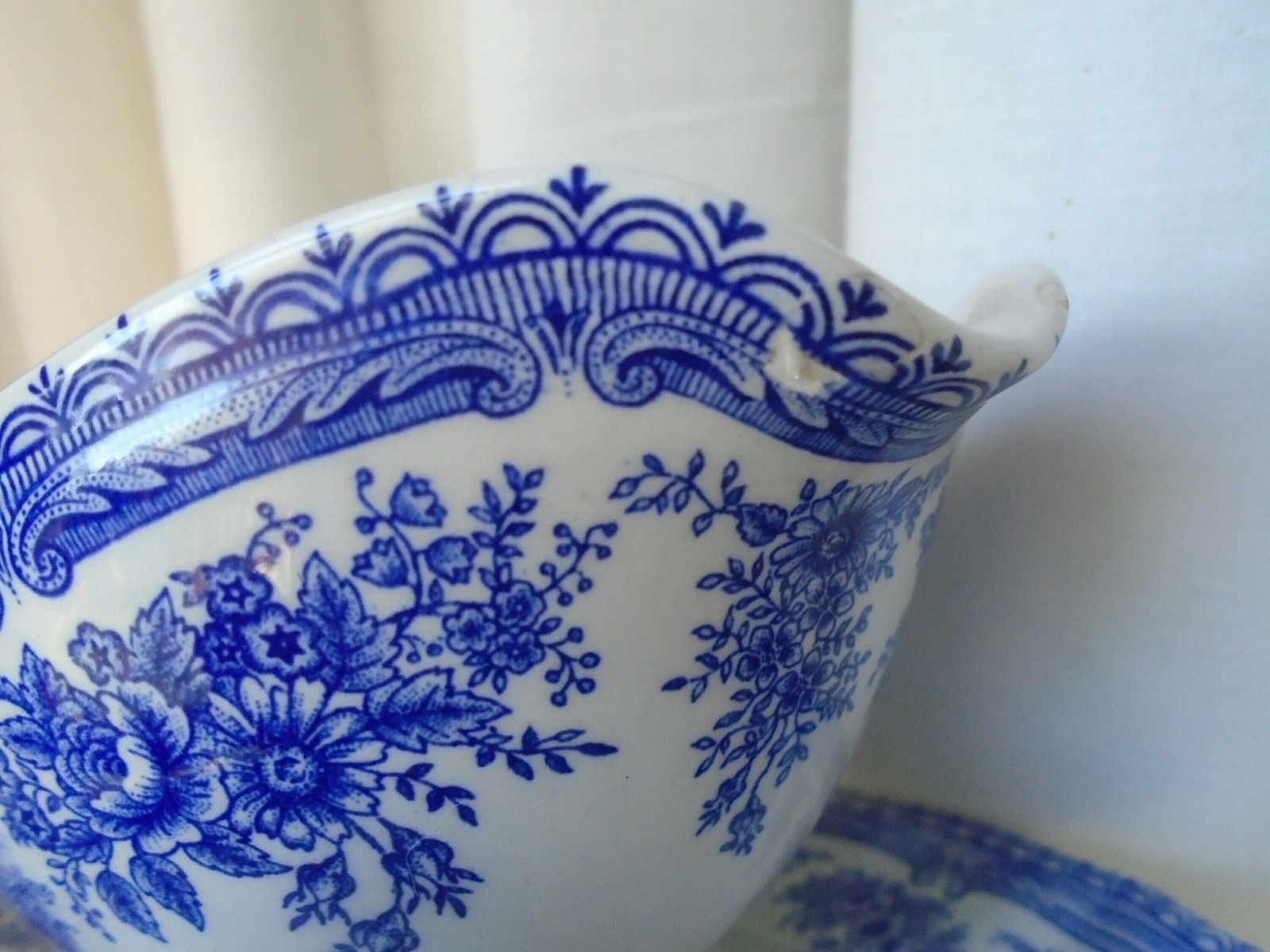 Beautiful Antique French Luneville Special Grand Feu, Sauciere / Sauce Boat, Blue And White, All In One, Porcelaine photo for sale
