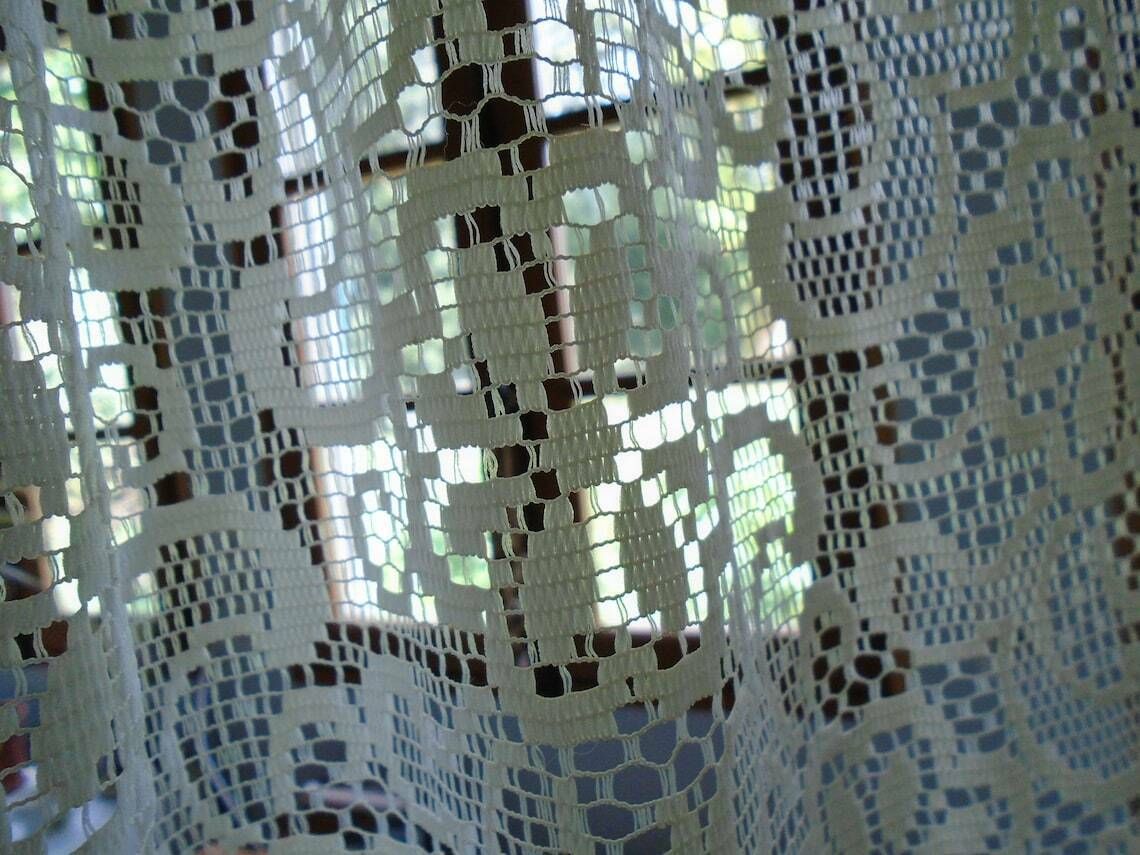 photo for sale Vintage French Single White Polyester Lace Curtain, Length 2.0 M, Width 1.44 M (One Large Hem Of 13 Cm)