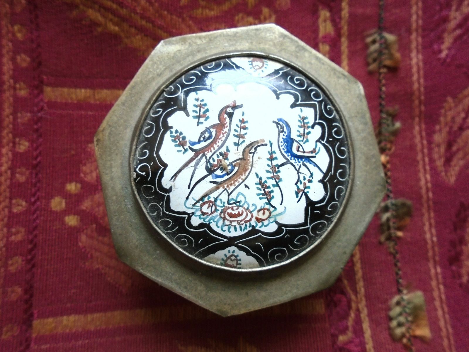 Vintage Silver Trinket Tin With Enamel Hand Painted Inlay photo furniture