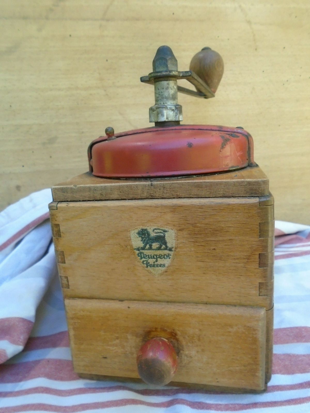 Antique French Peugot Freres Mechanical Coffee Grinder, Red Metal Lid And Hand Made Wood Case With Drawer photo furniture