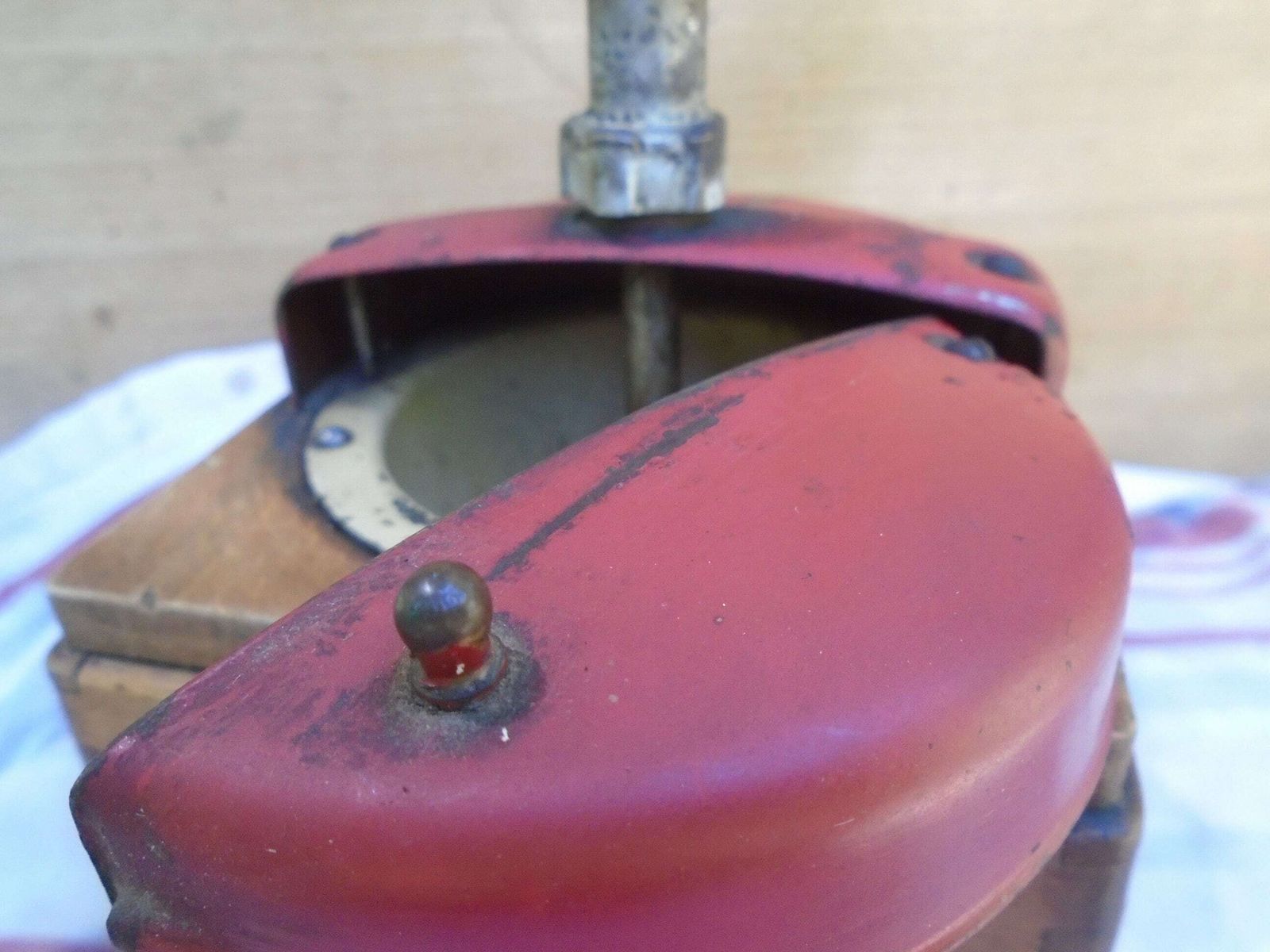 Antique French Peugot Freres Mechanical Coffee Grinder, Red Metal Lid And Hand Made Wood Case With Drawer photo for sale