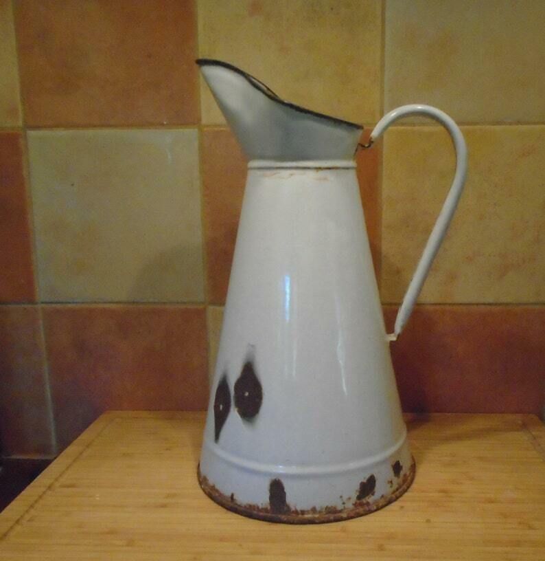 Antique French White Enamel Pitcher Shabby Chic Home Decor, French Country Style photo furniture