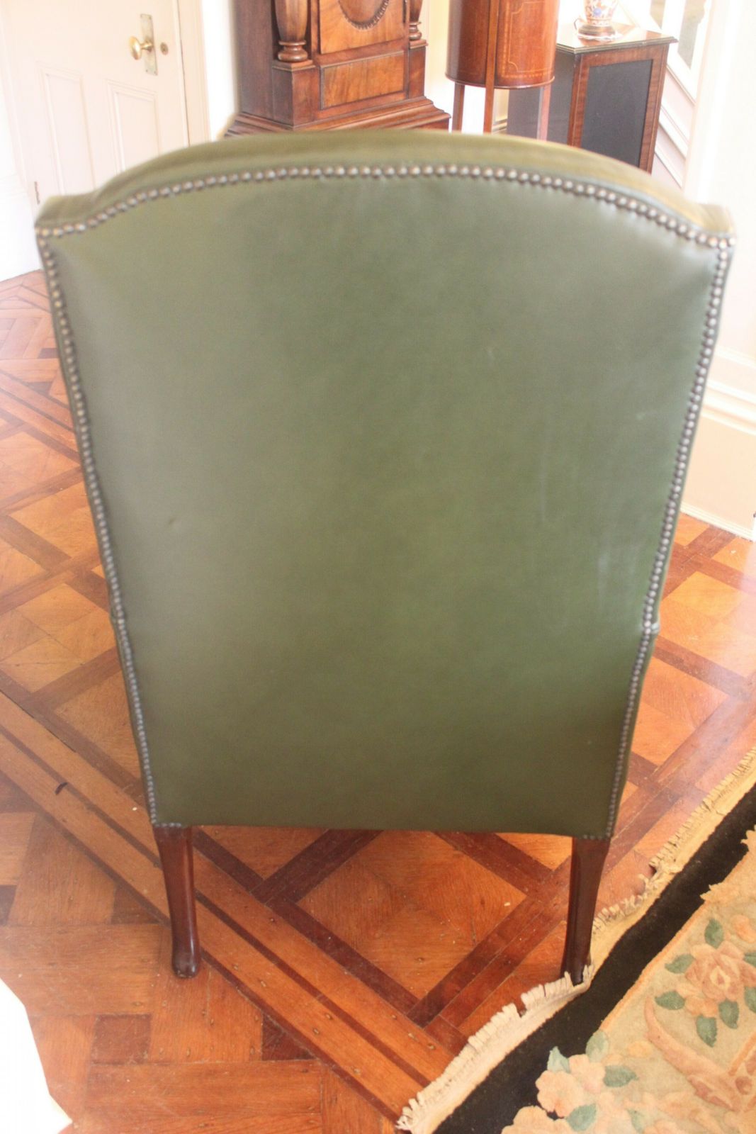 Late 19th/Early 20th Century Queen Anne Style Wing Chair In Green Hide photo 1374.75