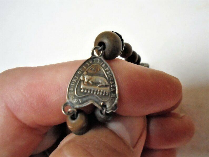 Beautiful French Antique 5 Decade Rosary Wood Beads And Silver Crucifix And Medal photo for sale