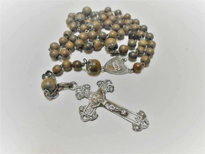Beautiful French Antique 5 Decade Rosary Wood Beads And Silver Crucifix And Medal photo 107.0