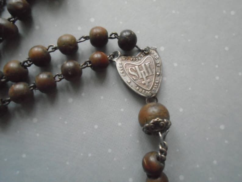 photo for sale Beautiful French Antique 5 Decade Rosary Wood Beads And Silver Crucifix And Medal
