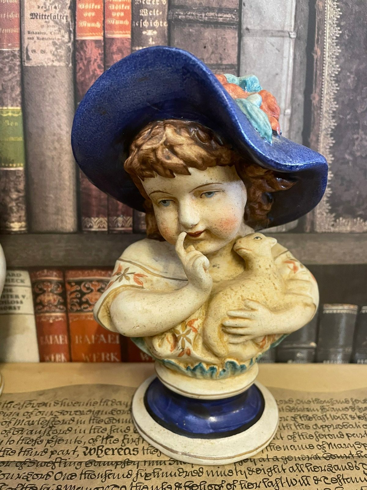 Pair Of Nymphenburg Porcelain Style Bisque Boy With Horn Girl With Lamb In Blue Hats Figures Antique photo 95.0