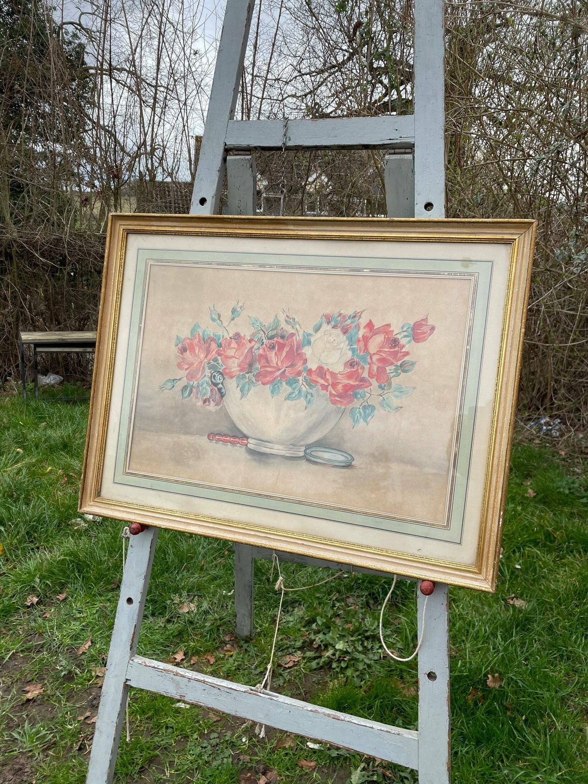 Large Watercolour Floral Shabby Chic Vintage Rustic Painting In Gold Distressed Frame With Green Watercolour Mount photo vinterior