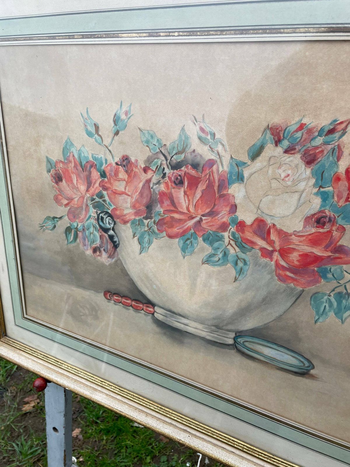 Large Watercolour Floral Shabby Chic Vintage Rustic Painting In Gold Distressed Frame With Green Watercolour Mount photo vintage