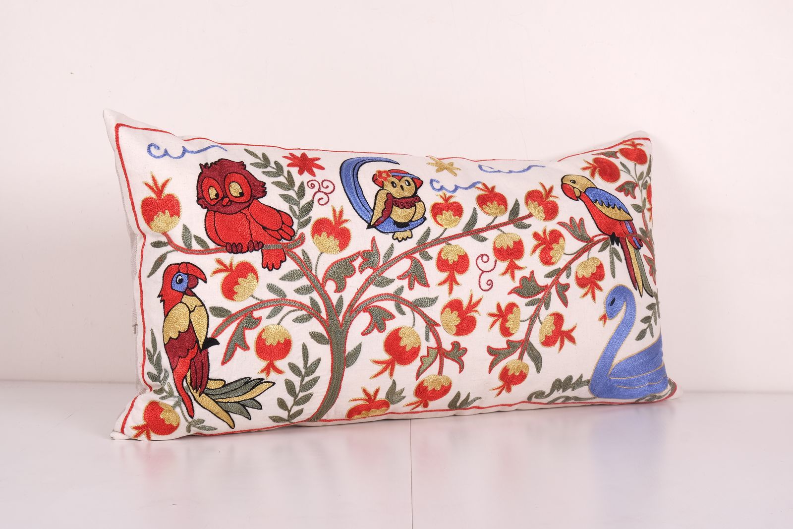 Animal Motif Suzani Bedding Pillow, Vintage Embroidered Textile From Bukhara, Extra Long Eagle And Duck Motif Suzani Cushion 18'' X 35'' photo furniture