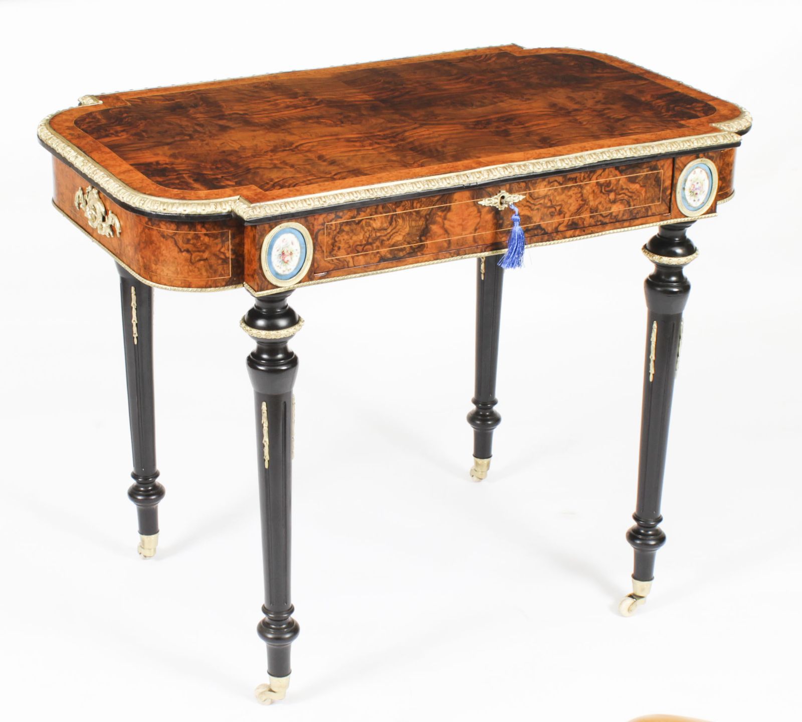 Antique French Burr Walnut Sevres & Ormolu Mounted Writing Desk   19th C