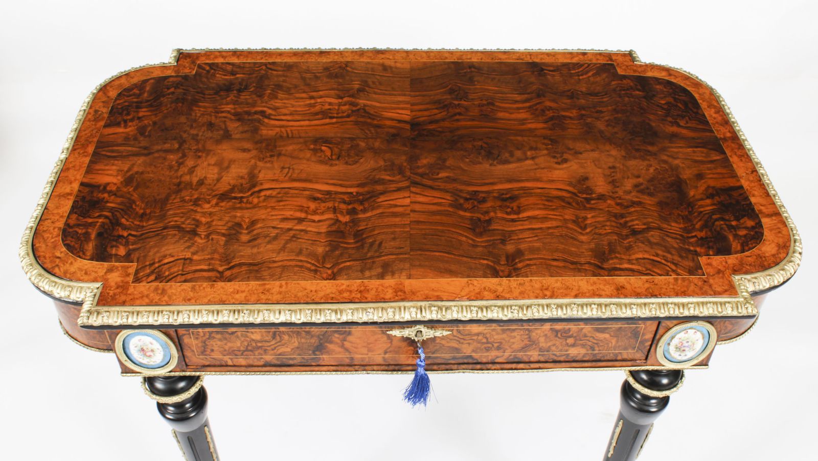 Antique French Burr Walnut Sevres & Ormolu Mounted Writing Desk   19th C photo for sale