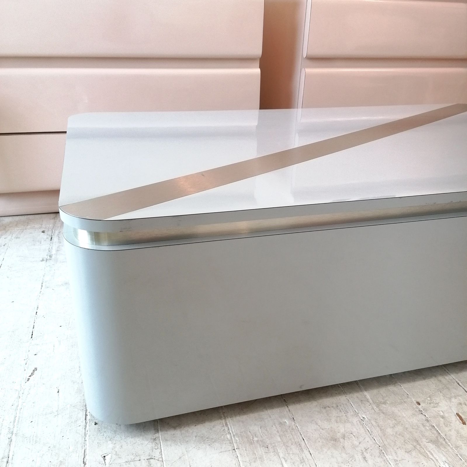 Large Post Modern Vintage 1980s American Grey Laminate Coffee Table With Inlaid Steel Stripe & Recessed Trim. photo for sale