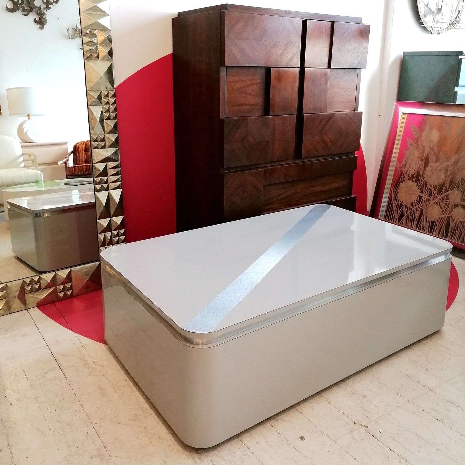 Large Post Modern Vintage 1980s American Grey Laminate Coffee Table With Inlaid Steel Stripe & Recessed Trim. photo 550.0