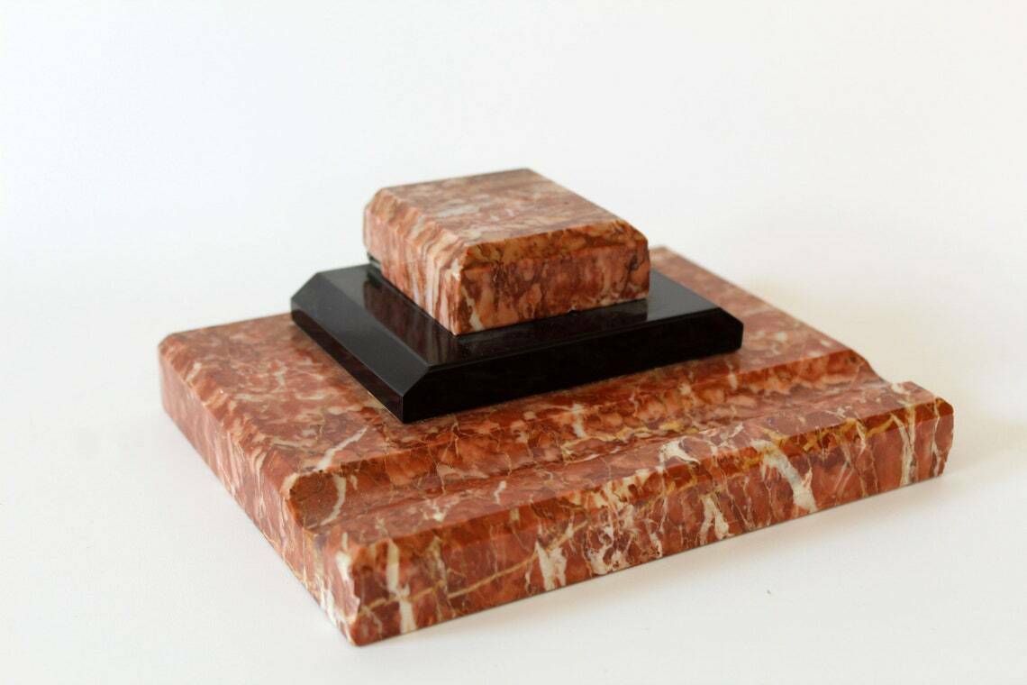 Large Art Deco Marble Ink Stand With Liner Red Marble And Black Marble Desk Organiser Pen Pencil Holder