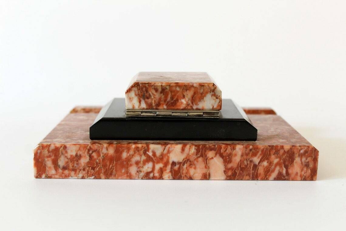 Large Art Deco Marble Ink Stand With Liner Red Marble And Black Marble Desk Organiser Pen Pencil Holder photo vinterior