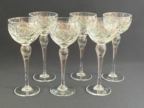 Vintage 1970s Set Of 6 Tall Handblown Cut Glass Hock Wine Glasses