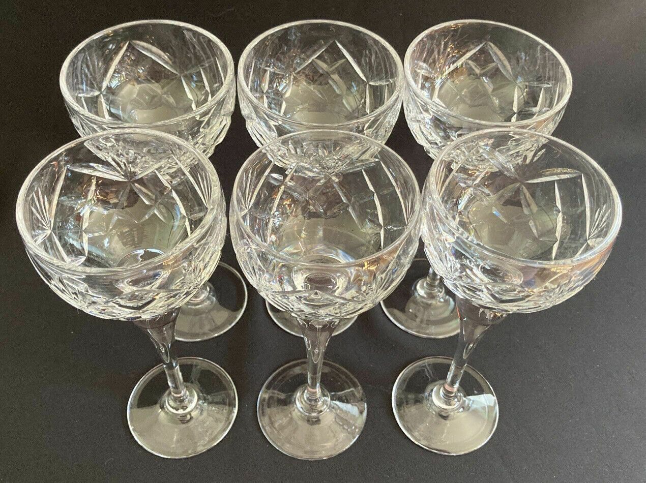 Vintage 1970s Set Of 6 Tall Handblown Cut Glass Hock Wine Glasses photo vinterior