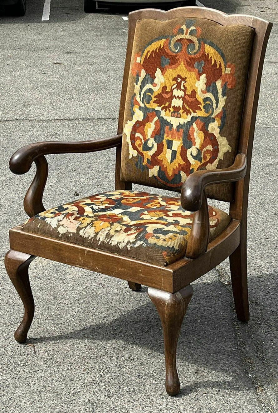 Victorian Oak Gentlemans Library Armchair With Coat Of Arms Tapestry. photo furniture