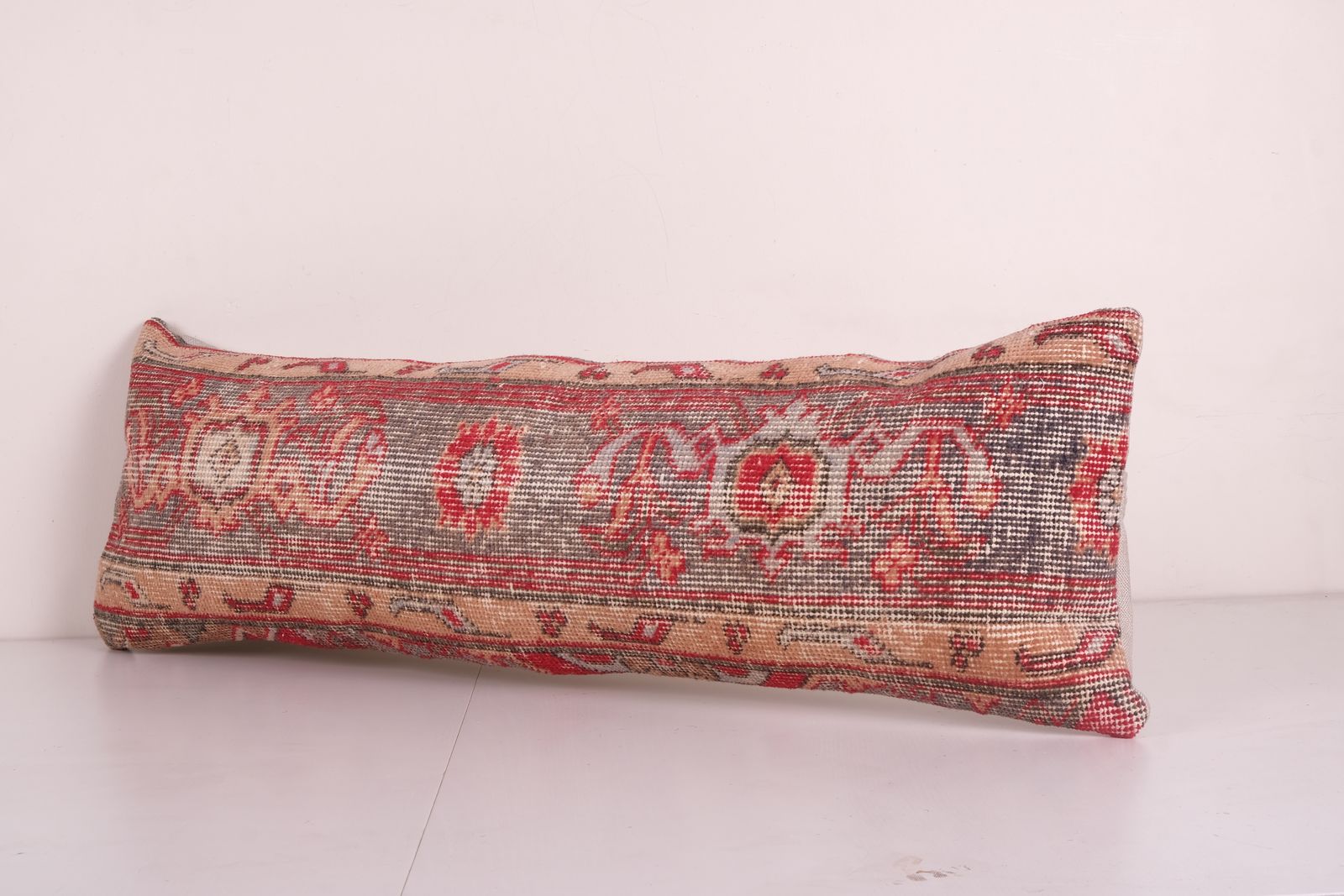 Vintage Turkish Carpet Pillow Cover, Tribal Design Light Brown Anatolian Cover, Old Pale Lumbar Pillow 12'' X 36'' photo Textiles