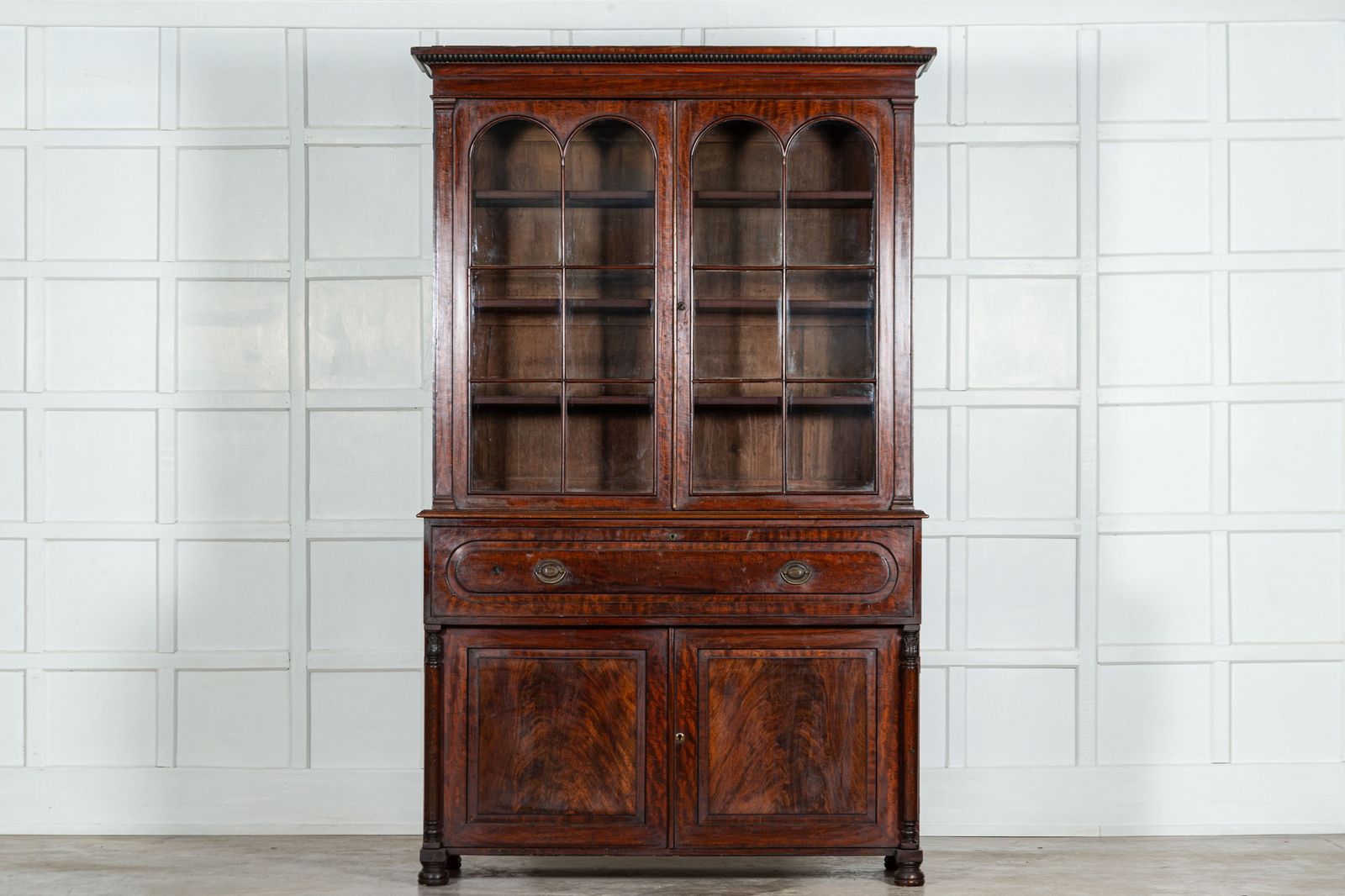 Large English Regency Mahogany Glazed Secretaire Bookcase