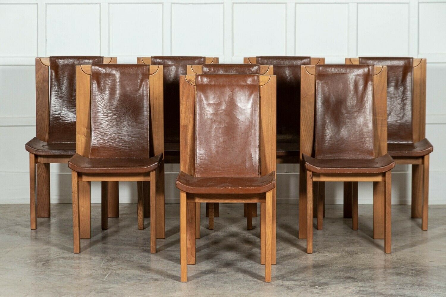 Set 8 French Roland Haeusler Elm And Leather Brutalist Chairs