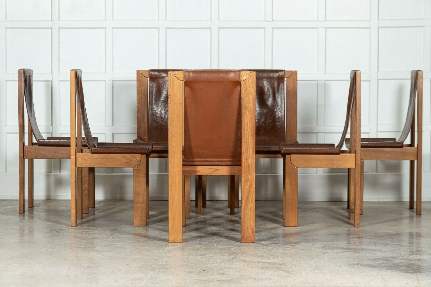 Set 8 French Roland Haeusler Elm And Leather Brutalist Chairs photo furniture