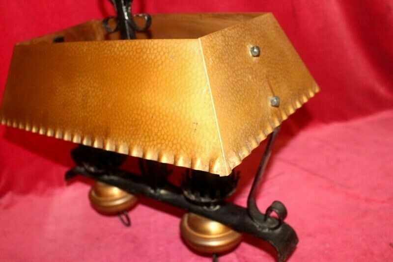 Antique French Copper And Cast Iron Lamp 2 Lights Rustic Gothic Chandelier photo for sale