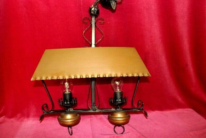 Antique French Copper And Cast Iron Lamp 2 Lights Rustic Gothic Chandelier photo vinterior