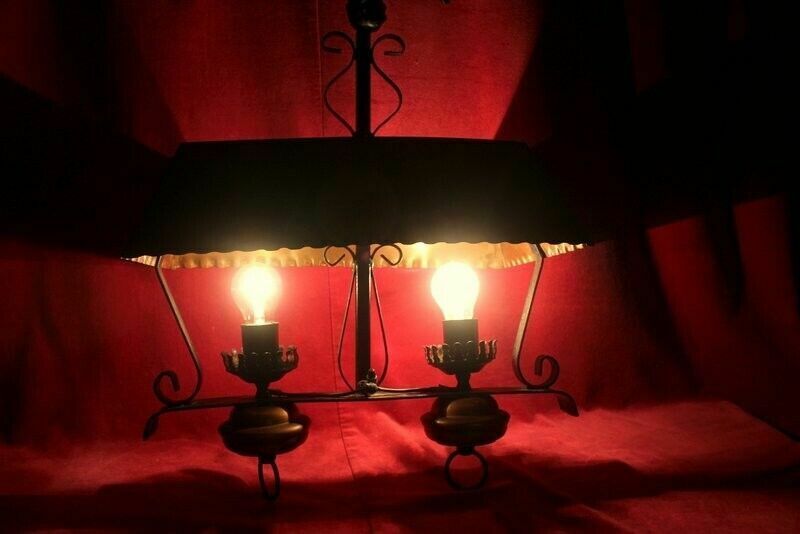 Antique French Copper And Cast Iron Lamp 2 Lights Rustic Gothic Chandelier photo vintage