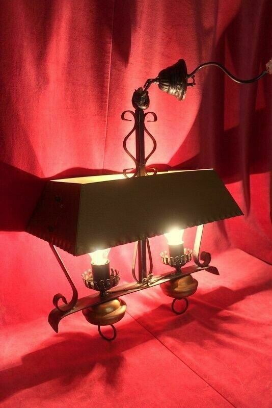 231.0 Antique French Copper And Cast Iron Lamp 2 Lights Rustic Gothic Chandelier photo