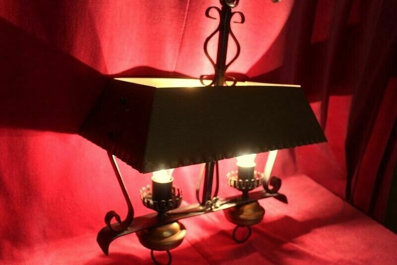 photo vinterior Antique French Copper And Cast Iron Lamp 2 Lights Rustic Gothic Chandelier