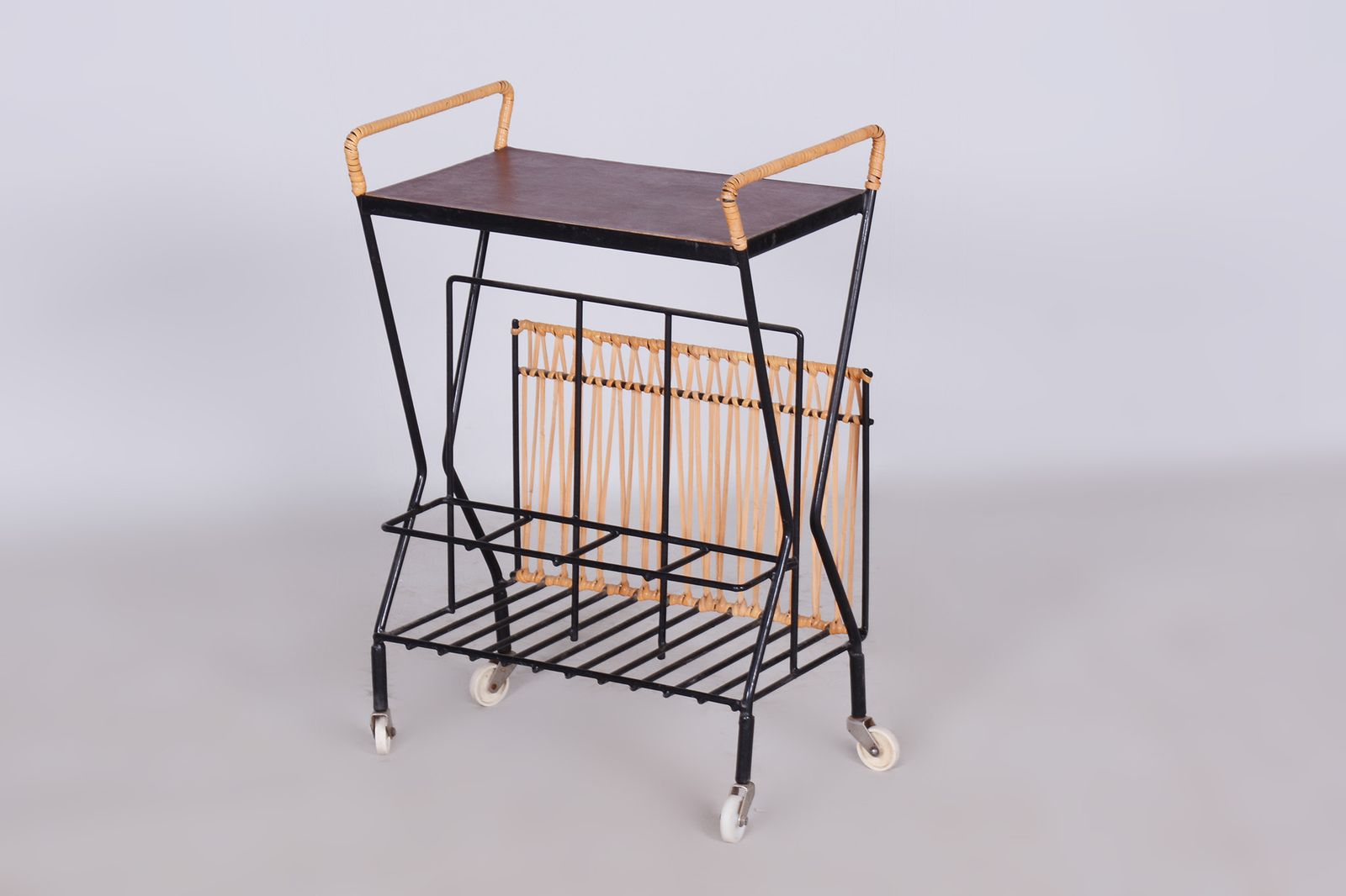 Original Midcentury Side Table, Metal, Rattan, Scandinavia, 1960s photo for sale