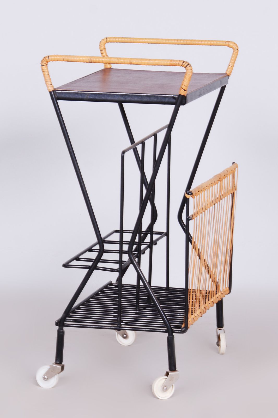 Original Midcentury Side Table, Metal, Rattan, Scandinavia, 1960s photo vinterior